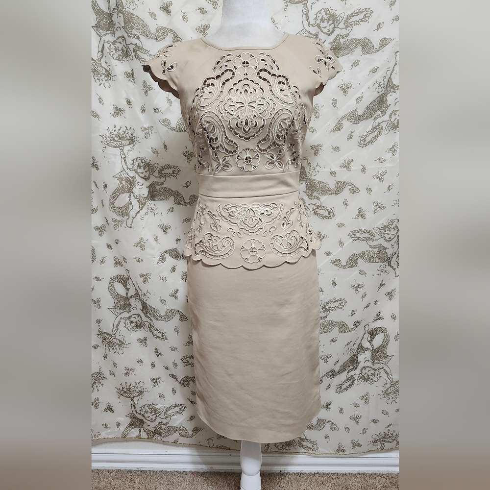 Antonio Melani Elegant Beige Lace Peplum Dress Sz 0